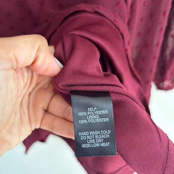 Lulus Wine and Dine Burgundy Swiss Dot Long Sleeve Skater Dress - Picture 12 of 14